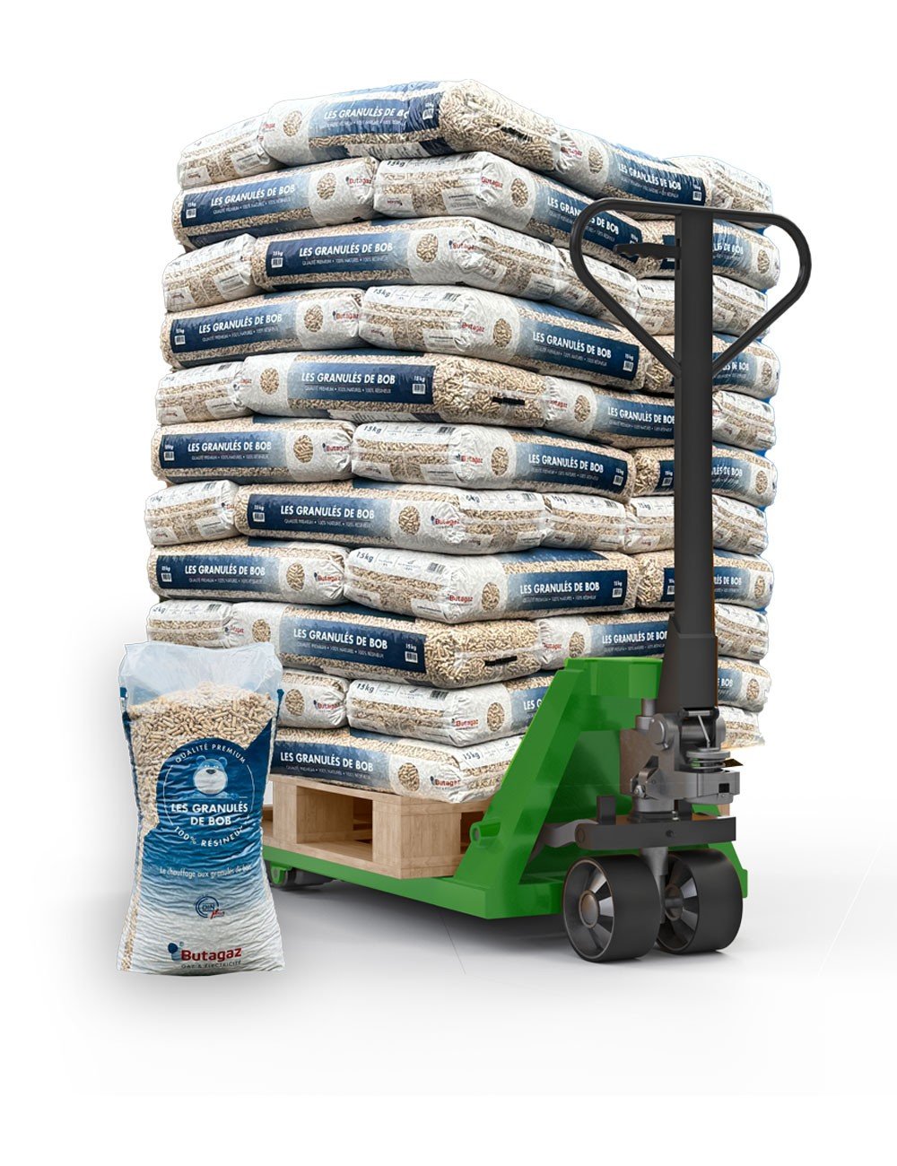Granules de bois butagaz - palette de 66 sacs de 15 kg soit 990 kg.